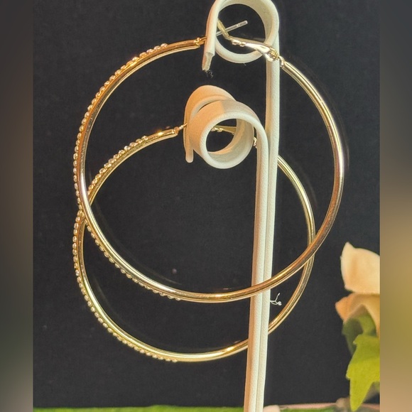 Stunning Thin Gold Tone Crystal 2.25 inch Hoops made with Swarovski Crystals - Picture 5 of 6